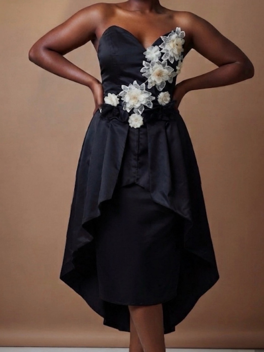Strapless Black High-Low Dress with Ivory Floral Appliqué